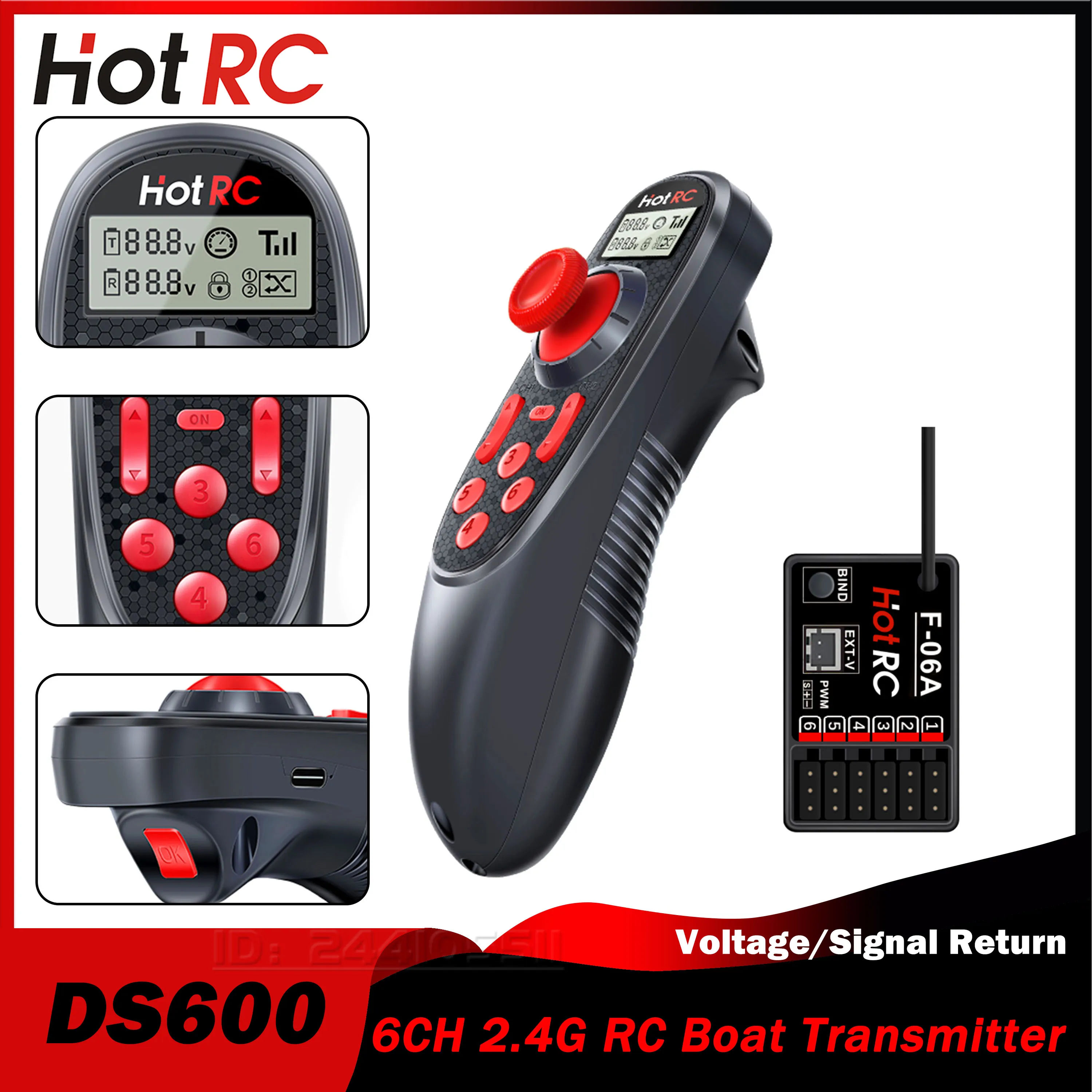 

HOTRC DS-600 6CH 2.4G RC Boat LCD Remote Controller Transmitter F-06A PWM Receiver Voltage/Signal Return 4-9V Model Car Ship Toy