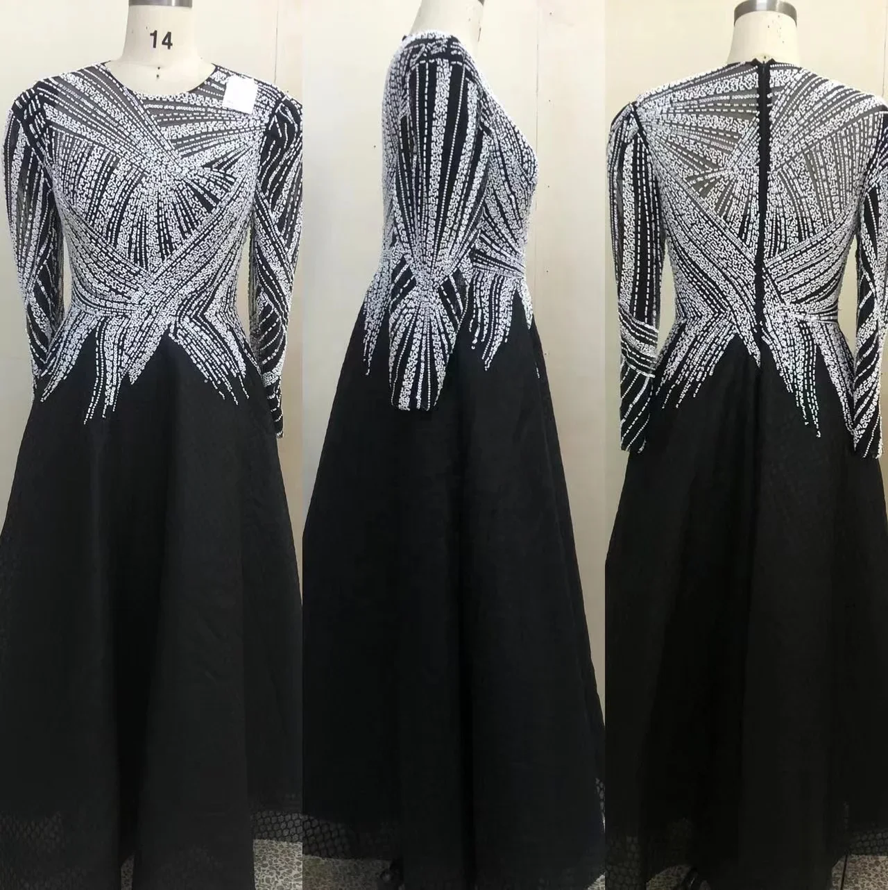 Vestidos de noche midi negros con cuello redondo y mangas largas, vestidos de fiesta formales con cuentas para mujer