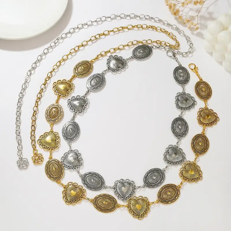 NEW Retro Ethnic Style Women's Metal Waist Chain Accessories Bohemian Decorative Circle Heart Carved Chain Belt