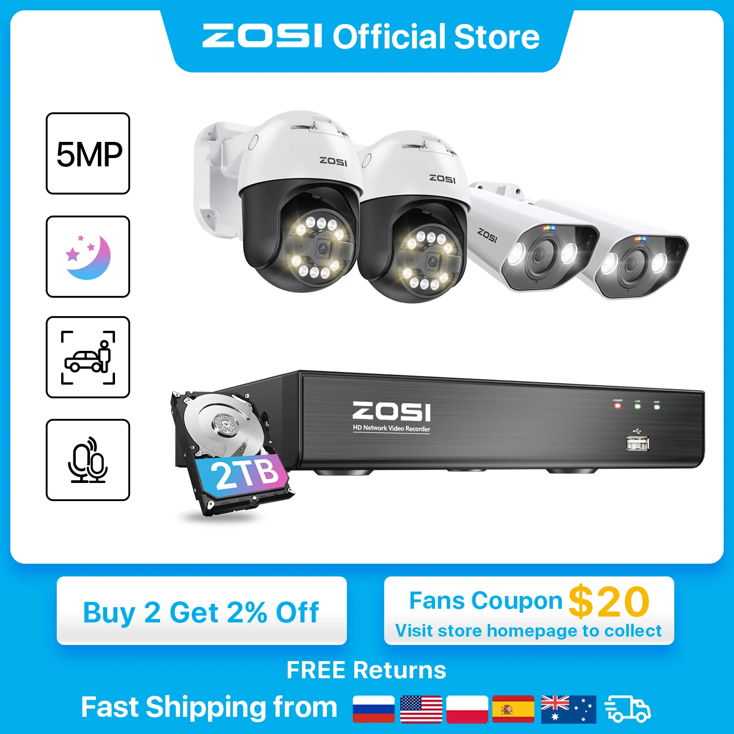 

ZOSI 5MP PTZ Video Surveillance Kit AI Face Vehicle Detect 4K 8CH Expand 16CH CCTV NVR 5MP PTZ Bullet PoE Security Camera System