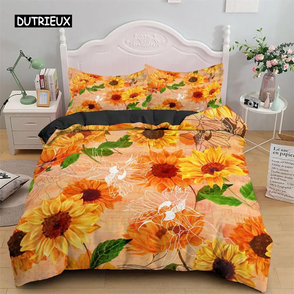 

Duvet Cover Sunflower Yellow Flower Bedding Set Farmhouse Green Leaves Floral Quilt Cover For Women Girl Bedroom Decorations