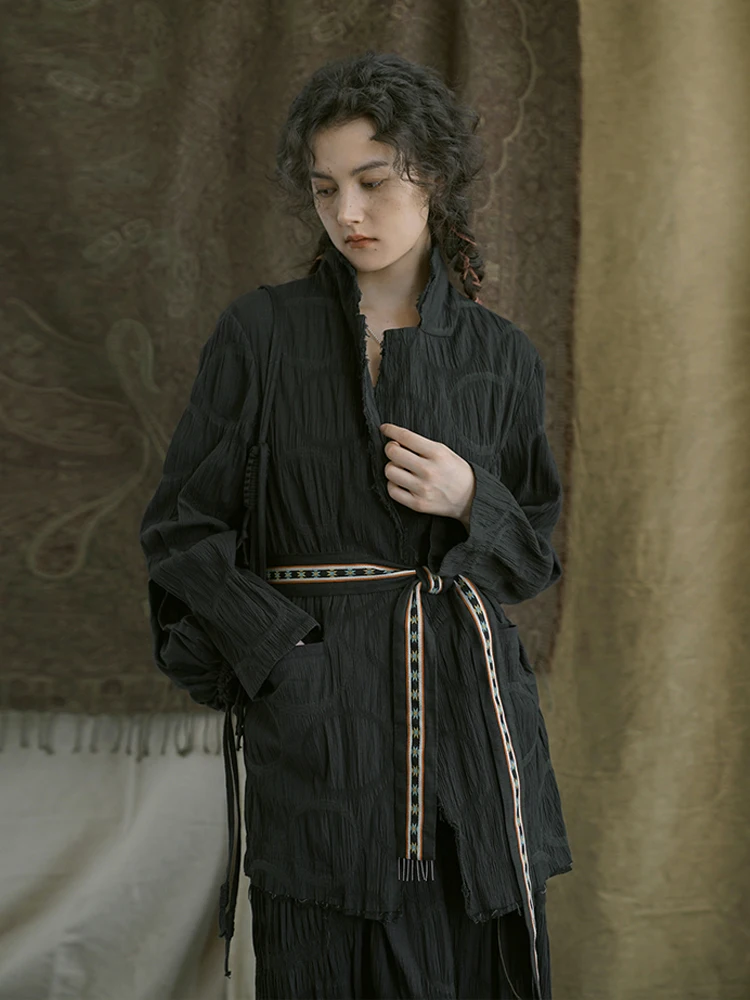 

Пальто женское Waed Texture Pleated Elastic Vintage Sle, весна 2025, художественное, элитное, из смесового хлопка