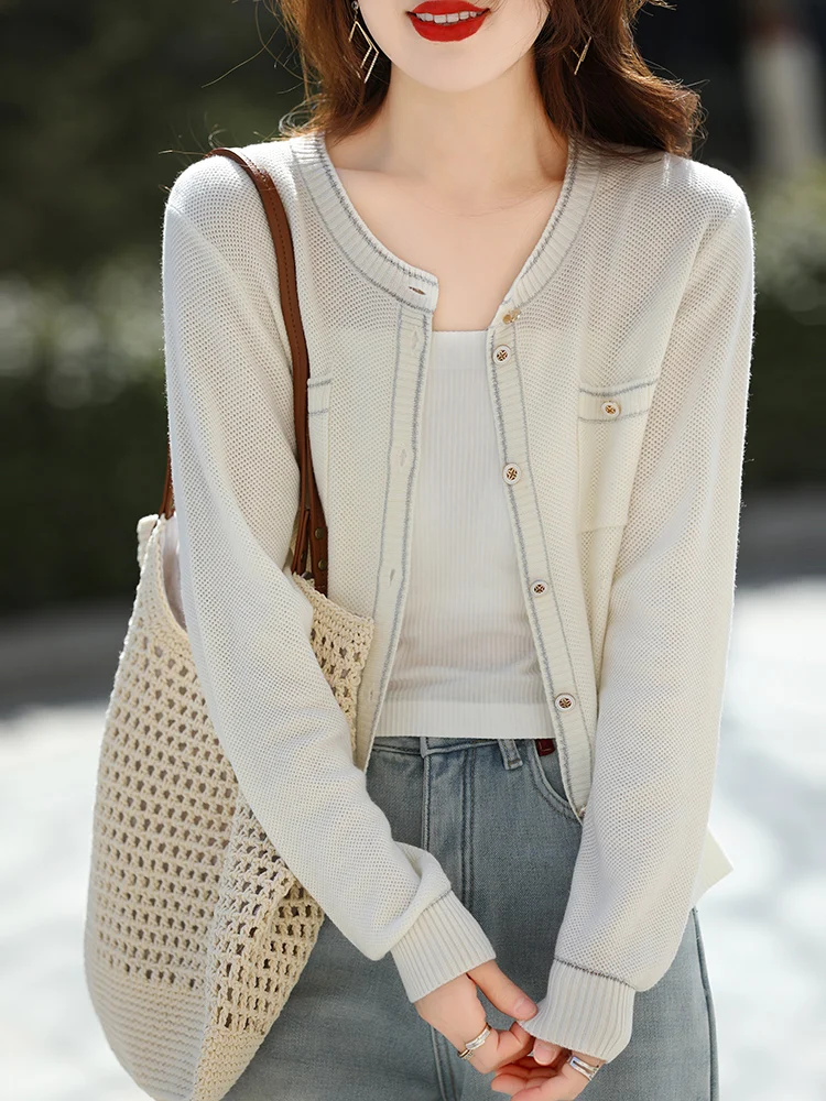 Women's Long Sleeve Silk Knitted Cardigan Chic Tops O-Collar Causal Coat Loose Comfortable Soft Female Jacket for Spring Summer