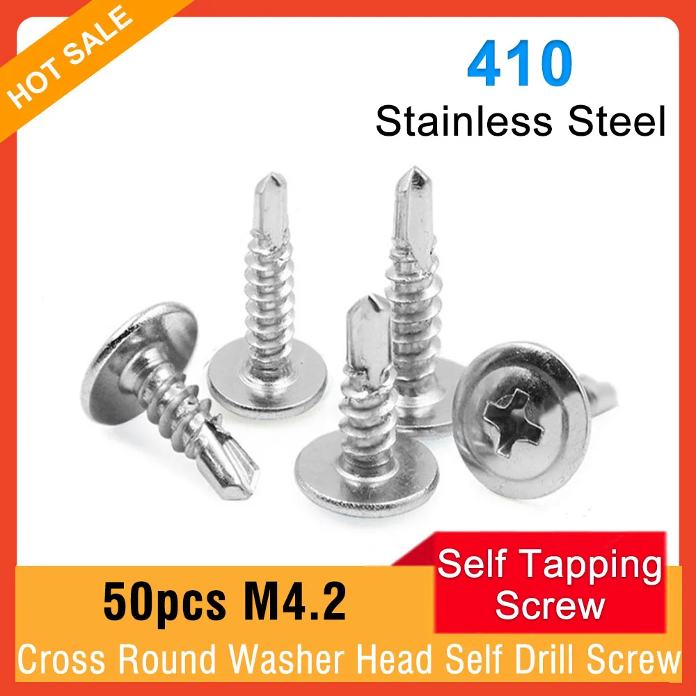 

50pcs M4.2 410 Stainless Steel Cross Round Head With Pad Self Drilling Self Tapping Screw