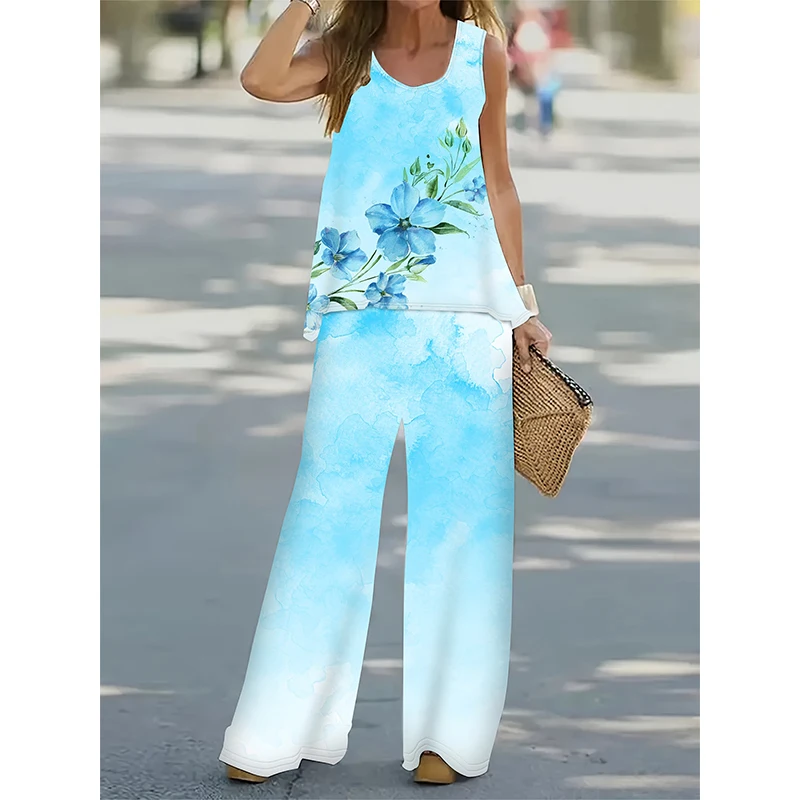 Women's Suit Summer Casual Breathable Refreshing Sleeveless Vest And Trousers Printed 3D Flowers Oversized Women's Top Vest