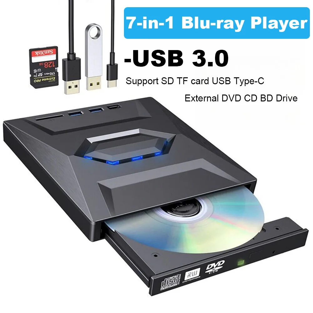 USB 3.0 External Blu-ray Player 7-in-1 Multifunctional CD DVD BD Bluray Burner SD TF Card Reading Function Drive for Laptop PC