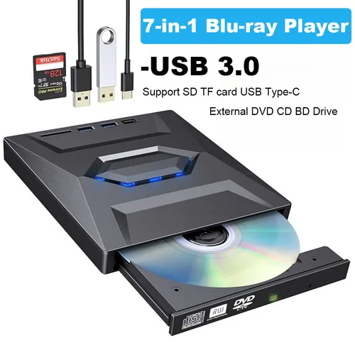 Reproductor Bluray externo USB 3,0 7 en 1, grabador Bluray multifuncional para DVD, BD, CD, tarjeta SD TF, función de lectura, unidad para ordenador portátil y PC