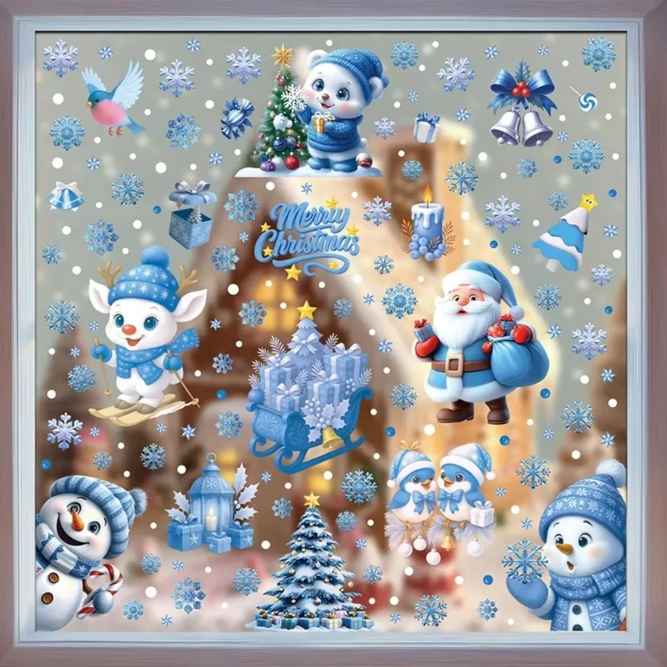 2PCS Santa Snowman Christmas Window Stickers Static Cling Elk Snowflake Design Glass Static Stickers Glue-free