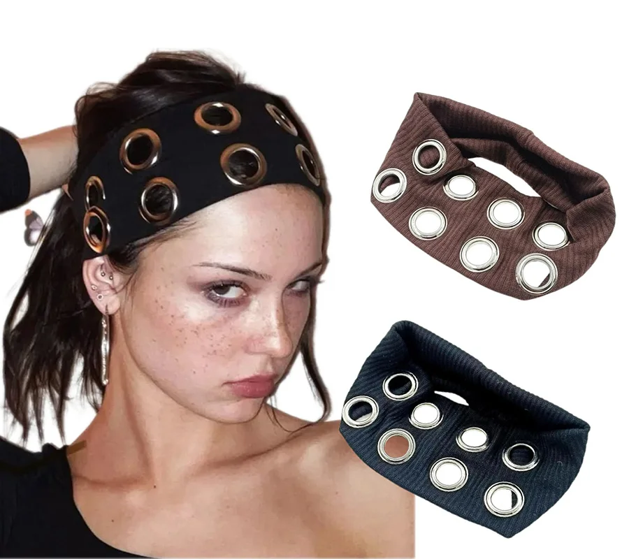 

New Fabric Hollow Elastic Headband Punk Girl Hollowed Out Eyelets Wide Elastic Headband Casual and Cool Style Hair Accessories