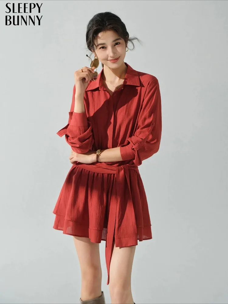 

Lace Trim Shirt Dress Belt Sweet Short Dress Women Casual Chic Tie Waist Outfit Slimming Mini Dress Daily Wear Vacation Looks