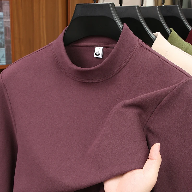 Luxury Men Long-Sleeved T-Shirt Mock Neck Velvet Fleece Pilling-Resistant Autumn Winter New Base Layer Solid Color Leisure Tops