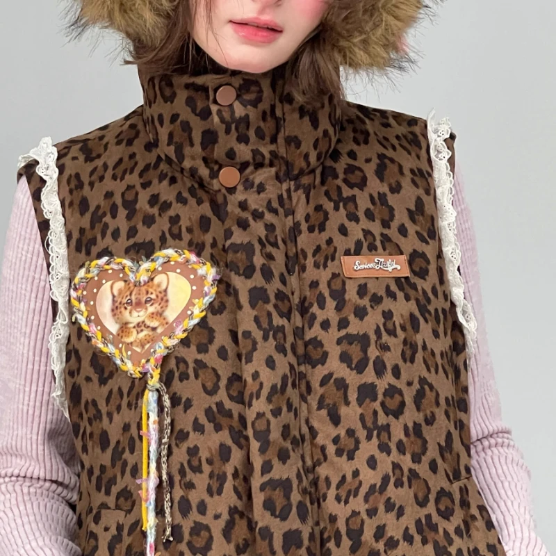 Herfst Winter Verdikte Bruine Luipaard Kanten Afwerking Dames Katoenen Jas Amerikaanse Retro Zoete Koele Veelzijdige Warme Vest Jas Dames
