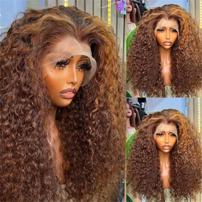 

Soft Long Brown Kinky Curly 26Inch 180%Density Lace Front Wig For Black Women Baby Hair Heat Resistant Glueless Preplucked Daily