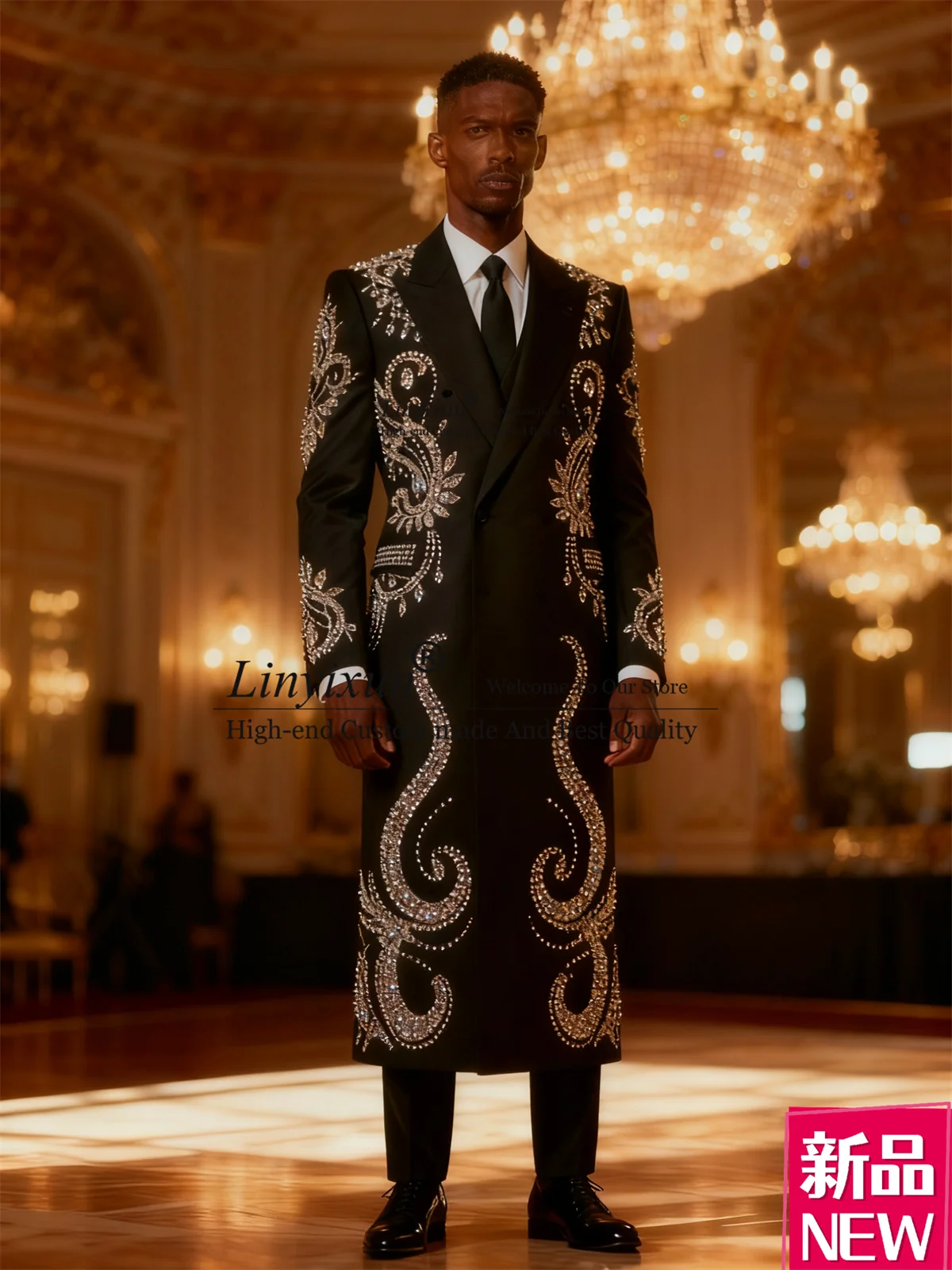 

Long Coat Pants Men Suits 2 Pieces Sets Groom Male Blazers Sparkly Rhinestons Crystals Tuxedos Customized Wedding Ropa hombre