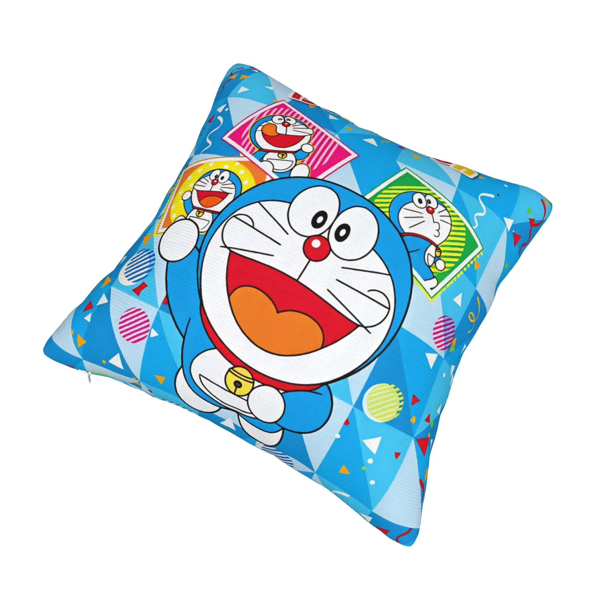 Modern Doraemon Cat Shaped Robot Cushion Cover Velvet Geometric Blue Triangles Throw Pillow Case Decoration view 2