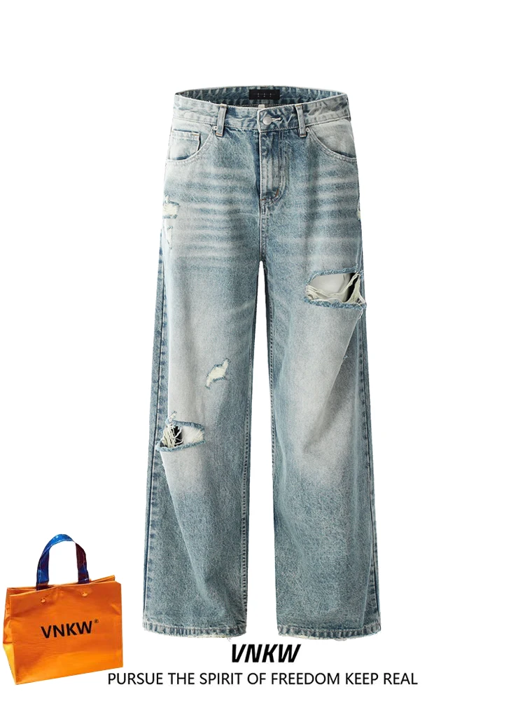 

Мужские джинсы American Sle в стиле High Street, свободные прямые брюки с винтажными прорезями, широкие брюки с дырками, повседневные брюки для пар