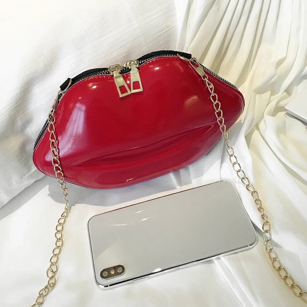 Lips Shaped Small Sling Purse PVC Women Chain Crossbody Bag Coin Bag Solid Phone Bag Designer Bag Chic Satchel Zipper Clutch Bag