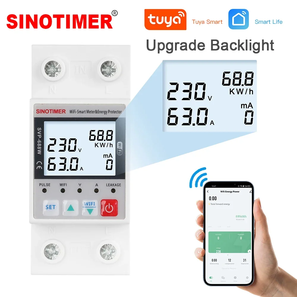 SVP688 63A 230VAC Smartlife WIFI Energy Meter kWh Metering Switch Timer with Voltage Current and Leakage Protection TUYA