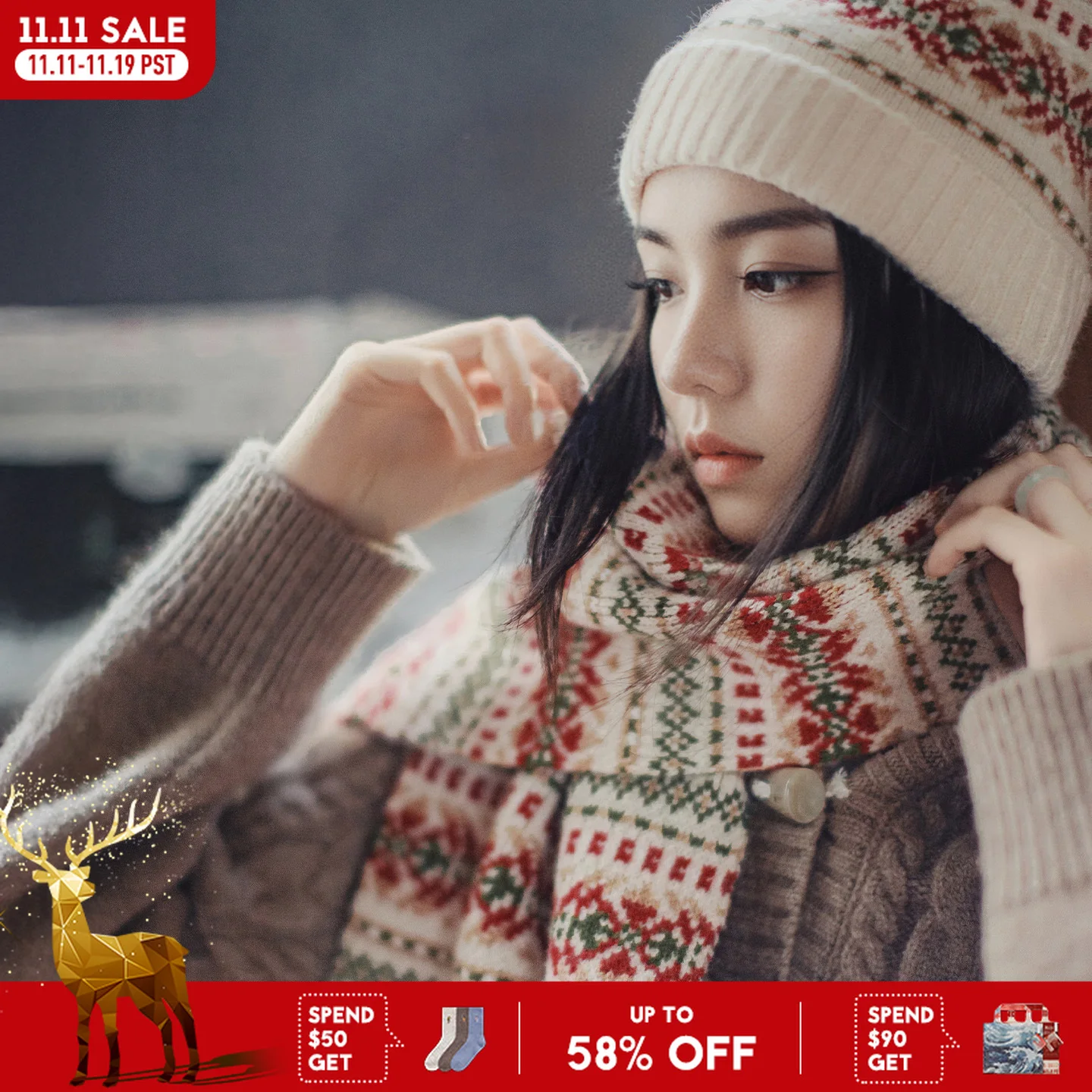 マデン-ユニセックス-冬用ニット帽とマフラーのセット-フェアアイル柄-暖かいソフトビーニー-ギフトボックス入り-男女兼用-レトロアクセサリー