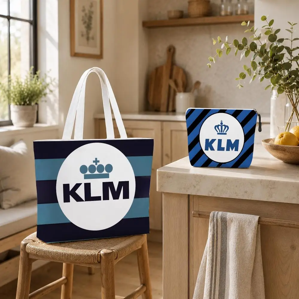 Aviation Brand K-Klm Royal Storage Bags 2-Piece Canvas Tote Bag Set Double-Sided Print with Zipper Pouch Travel Gift for Women