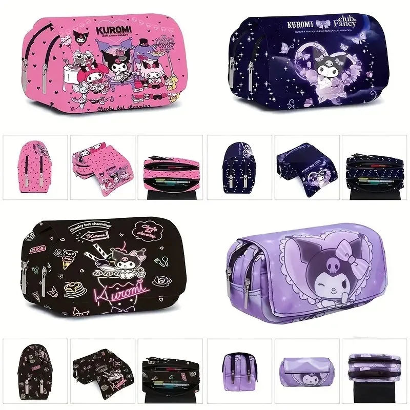 Kawaii Sanrio Double-layer Pencil Cases Anime Kuromi Hello Kitty Cinnamoroll Stationery Storage Bag Cute Cartoon Pen Bag Gifts