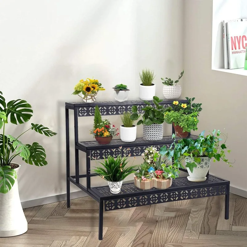 3 Tiers Metal Plant Stand,Rectangular Ladder Flower Pots Outdoor,Indoor Plant Display Rack, Heavy Duty Utility Storage Organizer