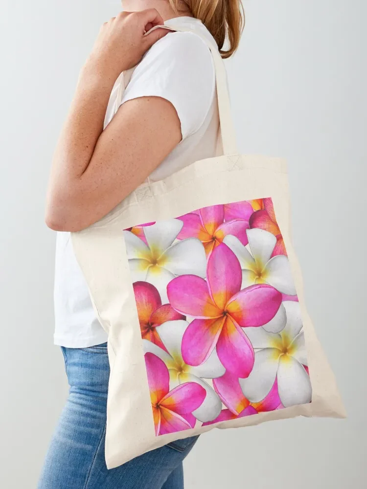 Frangipani tropical bright pink and white summer flowers Tote Bag canvas tote the Lady Canvas shoulder