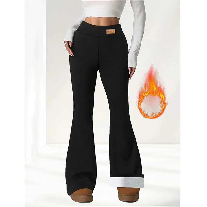가을 겨울 여성용 플리스 안감 따뜻한 바지 하이웨이스트 슬림 탄력 블랙 플레어 팬츠 두꺼운 블랙 힙업 요가 바지