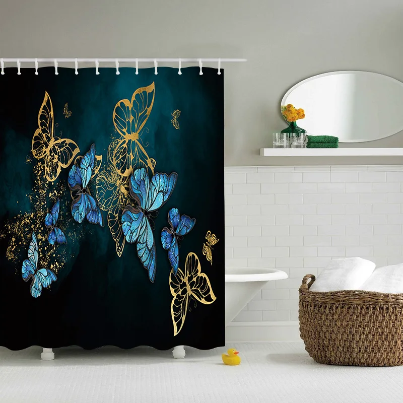 Waterproof Shower Curtain with 10 Hooks Butterfly Printed Bathroom Curtains Polyester Cloth Bath Curtain for Bathroom Decoration