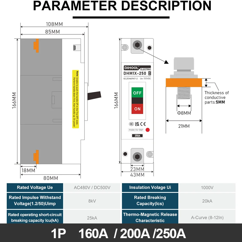 Solar DC/AC MCCB Molded Case Circuit Breaker 500V 25KA 100A/125A/160A/200A/250A For PV Battery System -Main Circuit Breaker