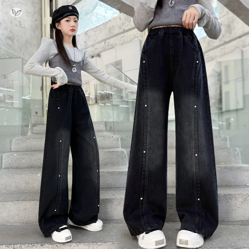 

Girls' Classic Denim Pants, Heart-embroidered Back Pocket Fleece-lined Straight-leg Denim Pants for Big Kids, Fall/Winter 2025