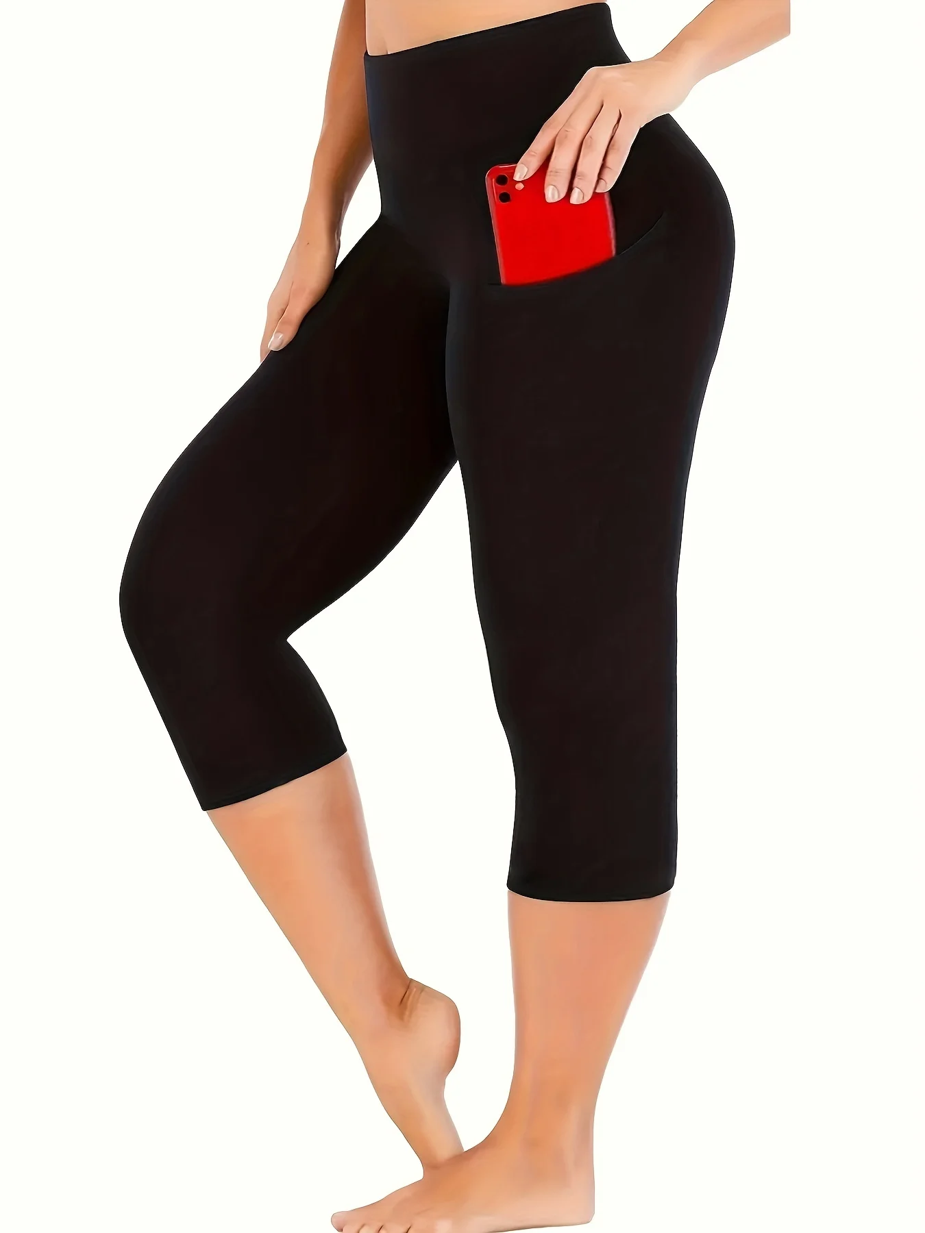 Plus Size Women Casual High Waist With Pockets Yoga Workout Capri Leggings