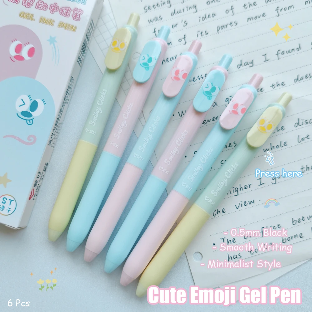 

6Pcs Fun Emoji Gel Pen 0.5mm Cute Smiley Face Quick-Dry Pen Color-Blocking Design Minimalist Black Pen Set For Study & Office