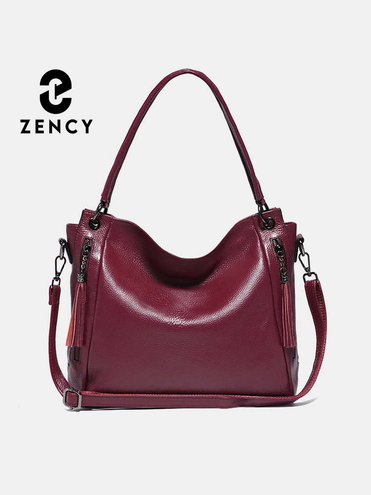 Zency Genuine Leather Hobo Bag Handbag Women Large Capacity Shoulder Bag Big Capacity Double Zipper Tassel Luxury Ladies Bag