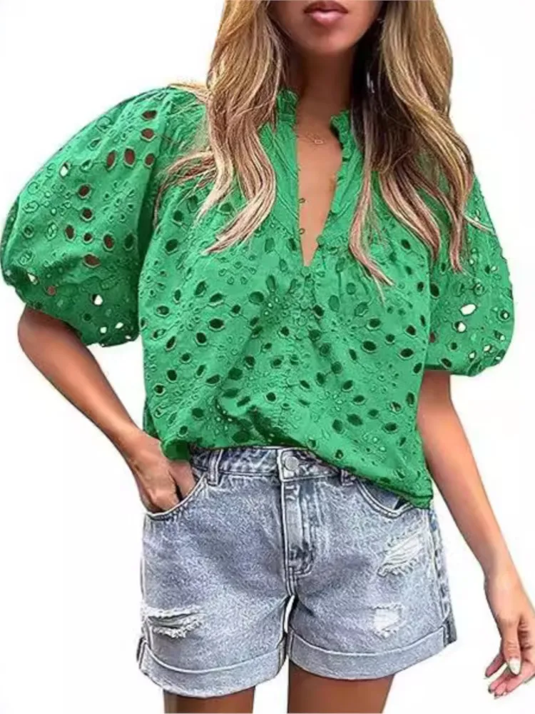 Women\'s Shirt Summer Hollowed-out Lace Jacquard Blouse Spring Stand Collar Button Shirt Lantern Short Sleeve Office Tops Women