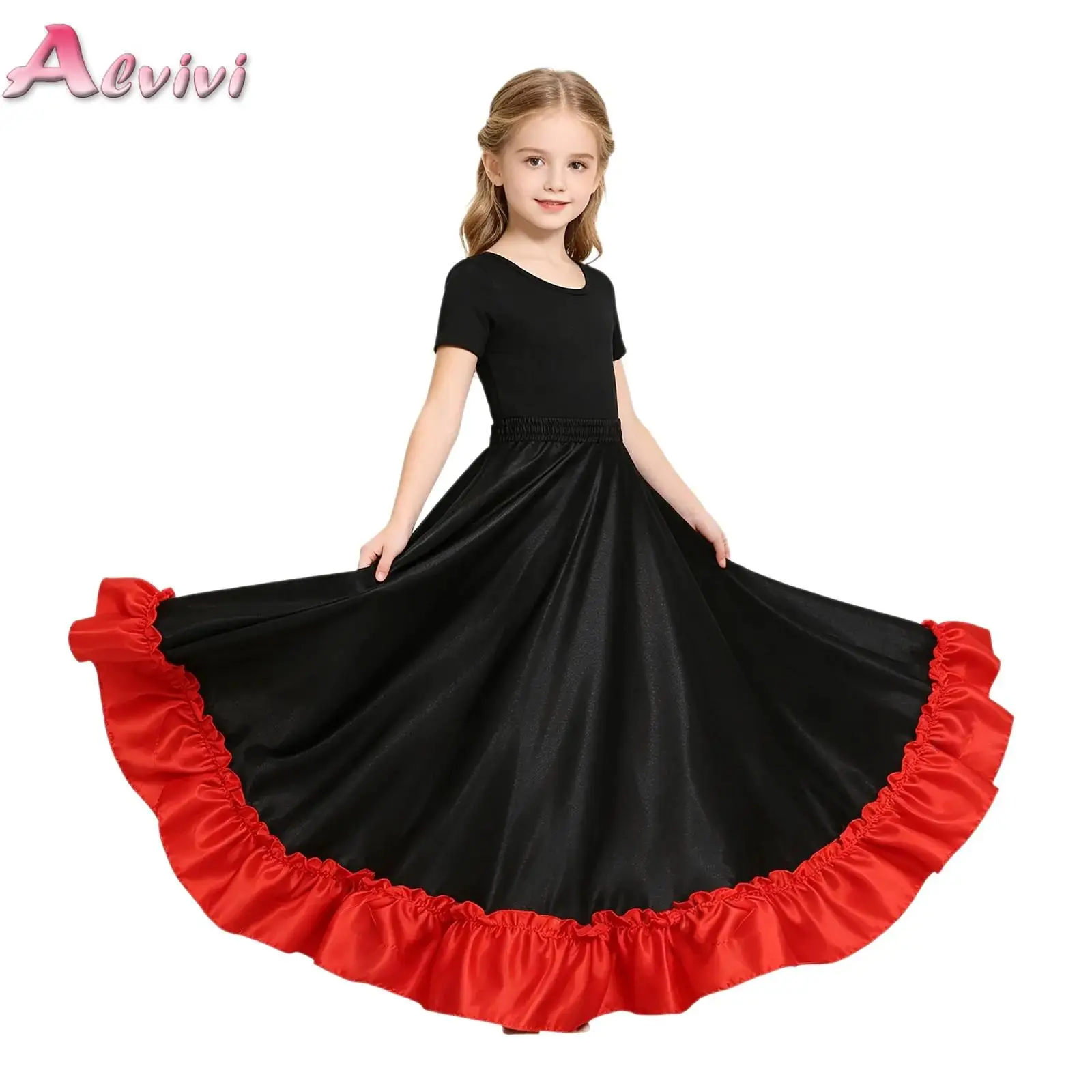 Girls Spanish Paso Doble Matado Skirt Kids Flamenco Latin Dance Stage Performance Costume Big Swing Ruffled Hem Skirt Dancewear