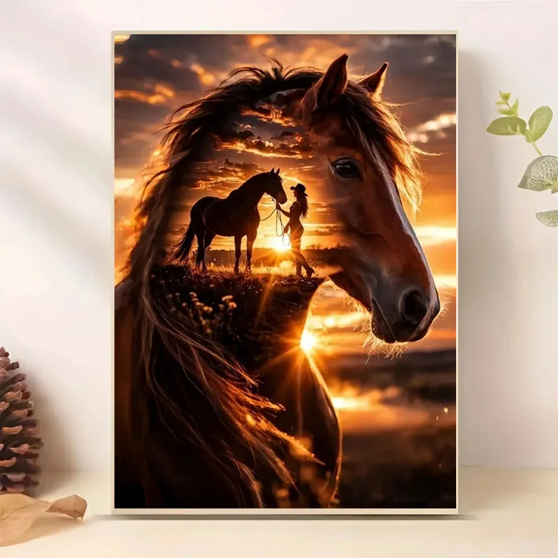 5D DIY Horse Portrait Sunset Double Exposure Diamond Painting Kit with Tools Rhinestones Home Wall Decor Gift for Adults or Kids
