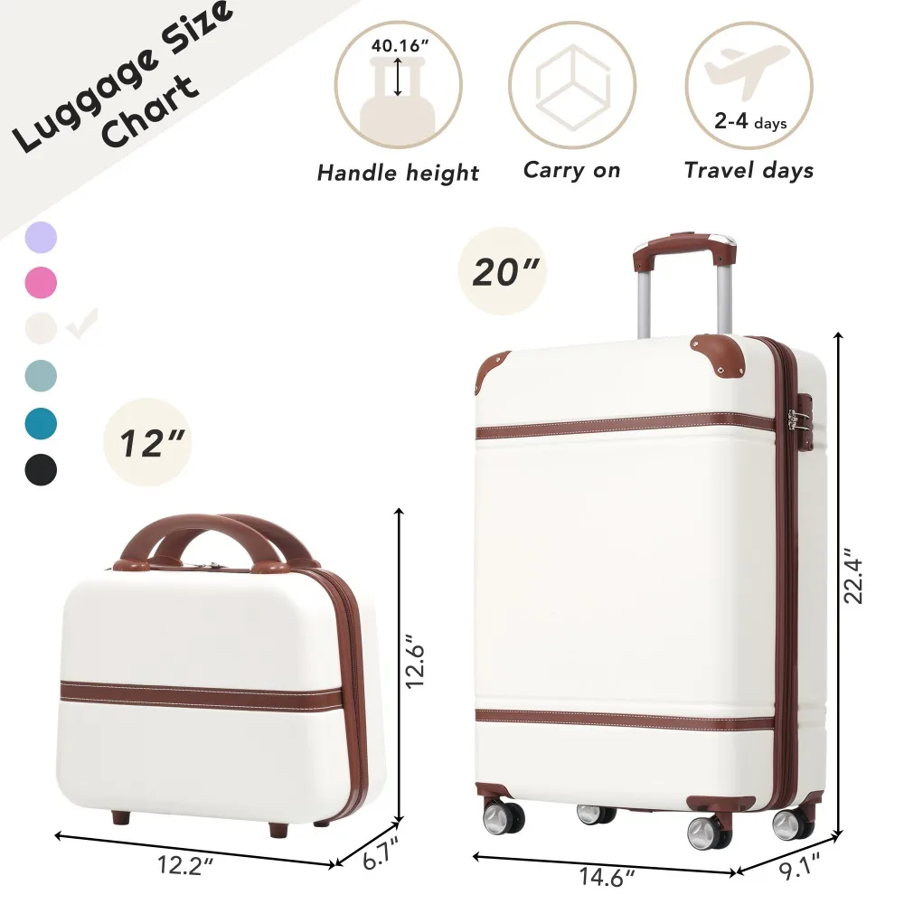 20 IN Hardside Luggage with Cosmetic Case Carry on Vintage Luggage,White 2 Piece Lightweight Suitcase Set with Spinner Wheels