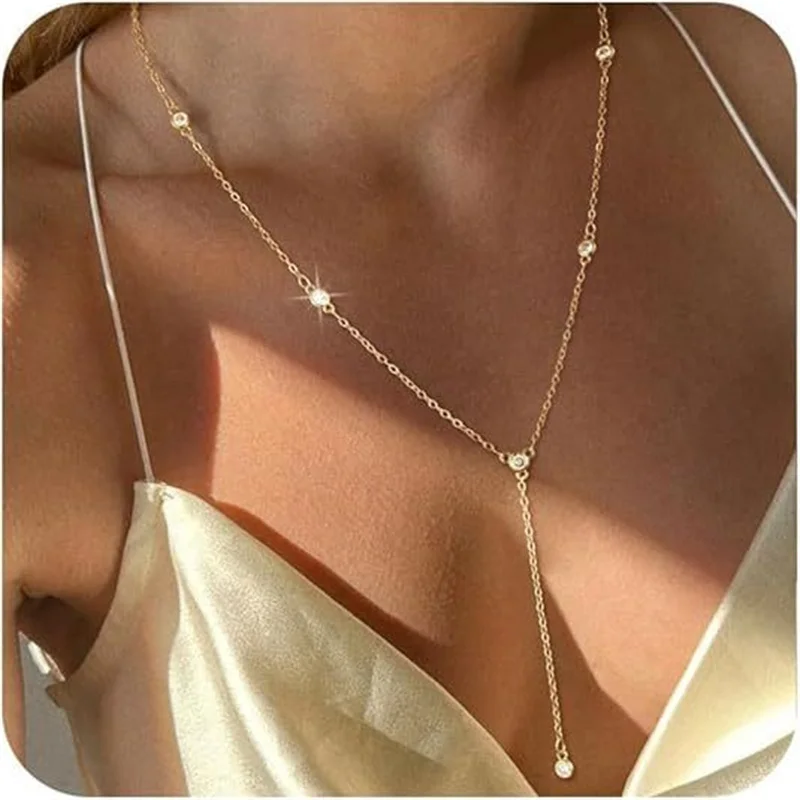 Vintage Gold Farbe Doppel Layered Halsketten für Frauen Zarte Kristall Metall Lange Quaste Perlen Kette Halsband Party Schmuck Geschenke – Detail 4