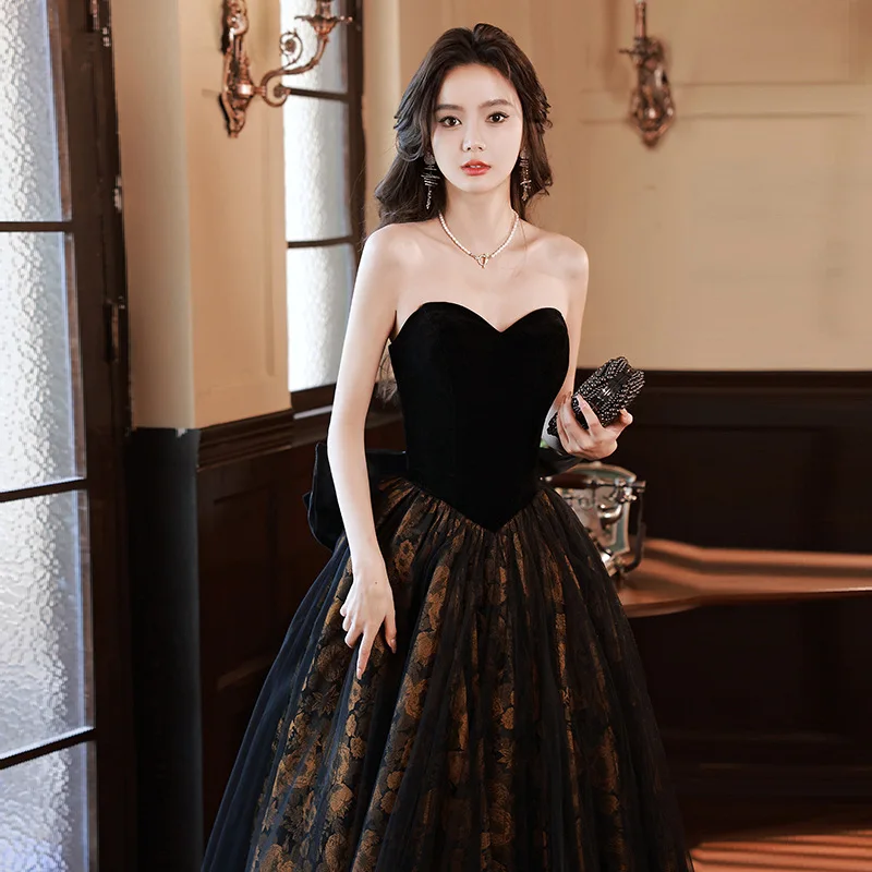 Black Strapless Evening Dress Women Sleeveless Printed Tulle Cocktail Dresses Elegant Modern Bow Applique A-line Prom Gown