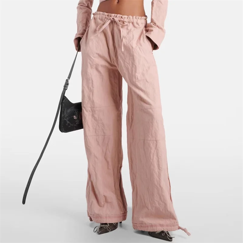 

Women's pants 2024 Summer New Korean Fashion Drawstring Low waisted Wide Leg Pants Retro washed pure cotton floor mop pants y2k