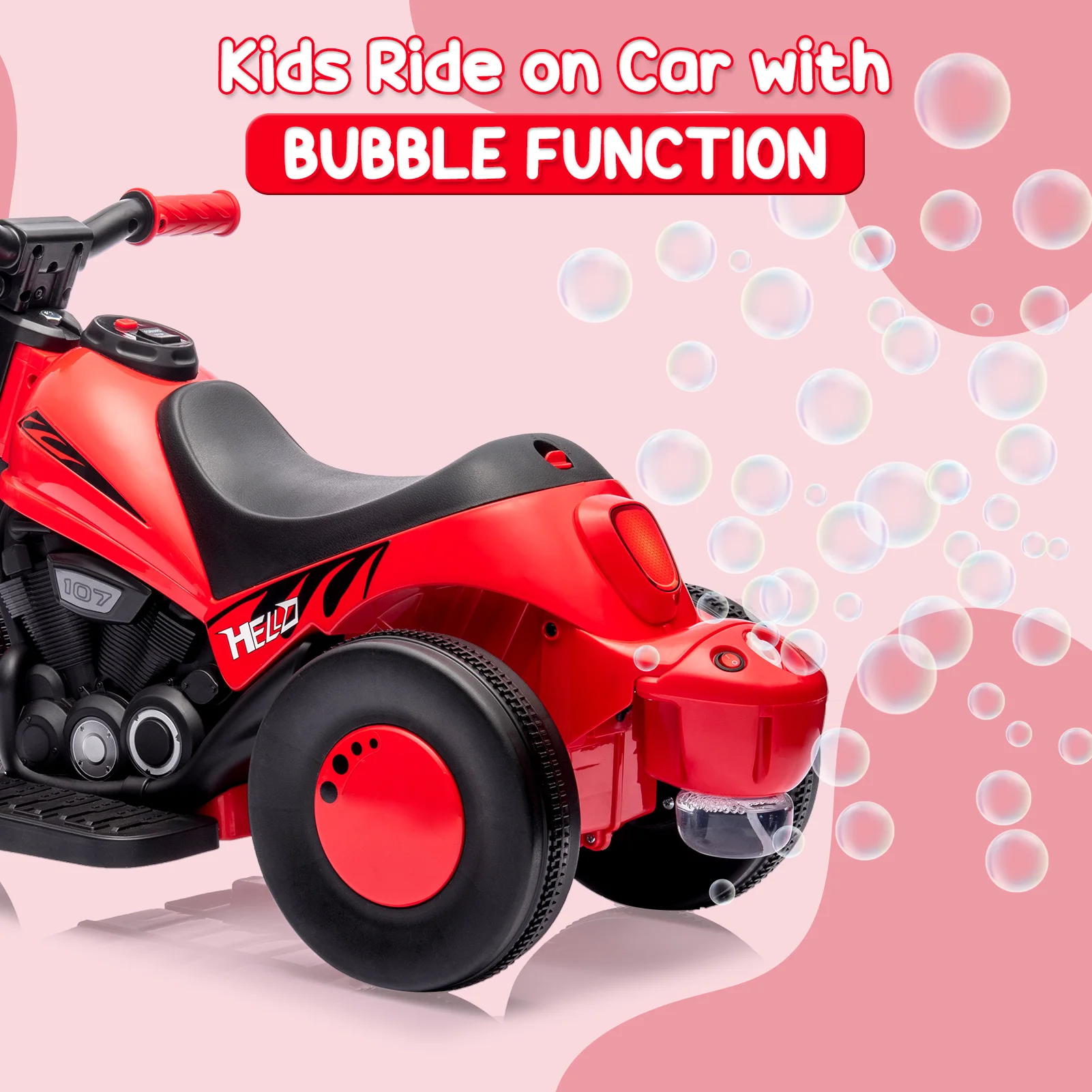 6V Kids Motorcycle with Bubble Machine, 3-Wheel Electric Ride On Toy for Ages 3+, LED Lights Music, 66lbs Capacity Bubble Blower Motorcycle