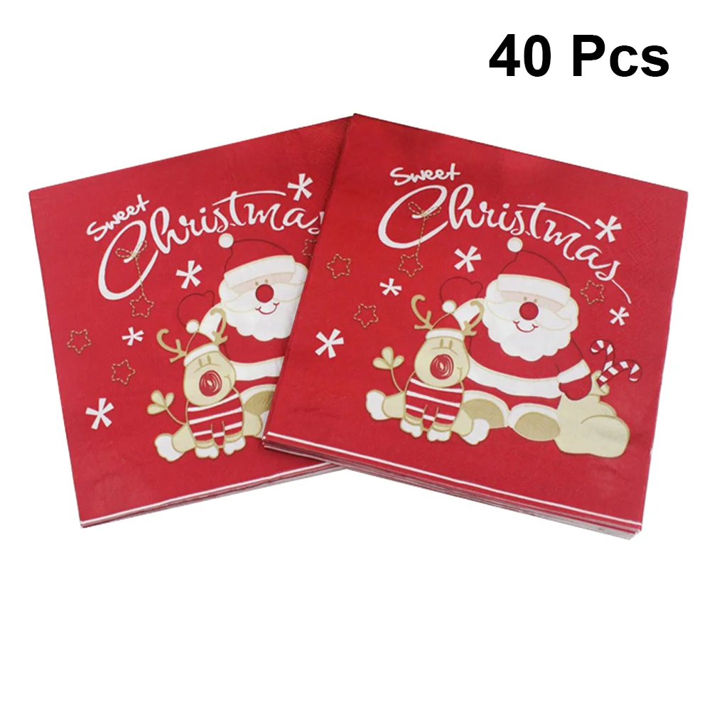 40Pcs Delicate Xmas Themed Napkins Lovely Printed Santa Claus Elk Pattern Wood Pulp Tissue Napkins Dinner Napkins for Home Chris