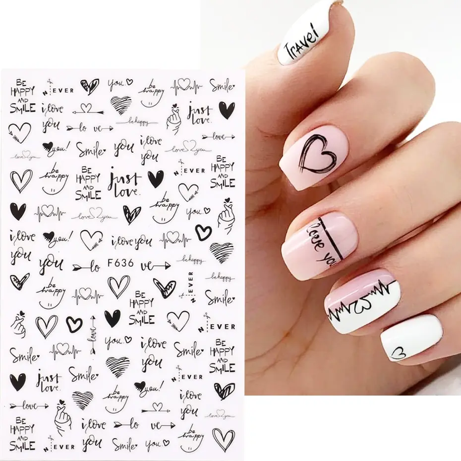 2pcs Heart Love Design 3D Nail Art Stickers English Letter Cool Girl Face Sliders Valentine Day Manicure