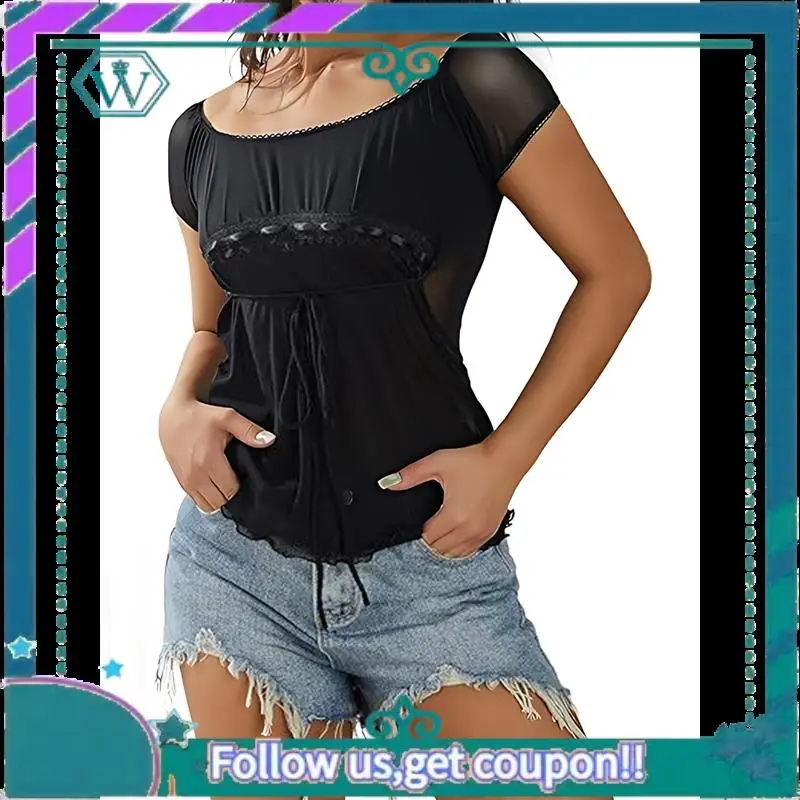 A09P Women Fairy Grunge Y2k Shirts See Through Square Neck Lace Patchwork Tops Vintage Goth Aesthetic Clothing