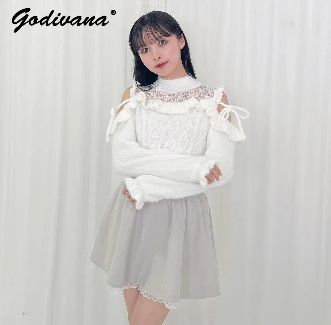 Japanese Sweet Girl Knitted Pullover Sweater Women Lolita Autumn Winter New Off Shoulder Lace Bow Hollow Out Knitwear Top