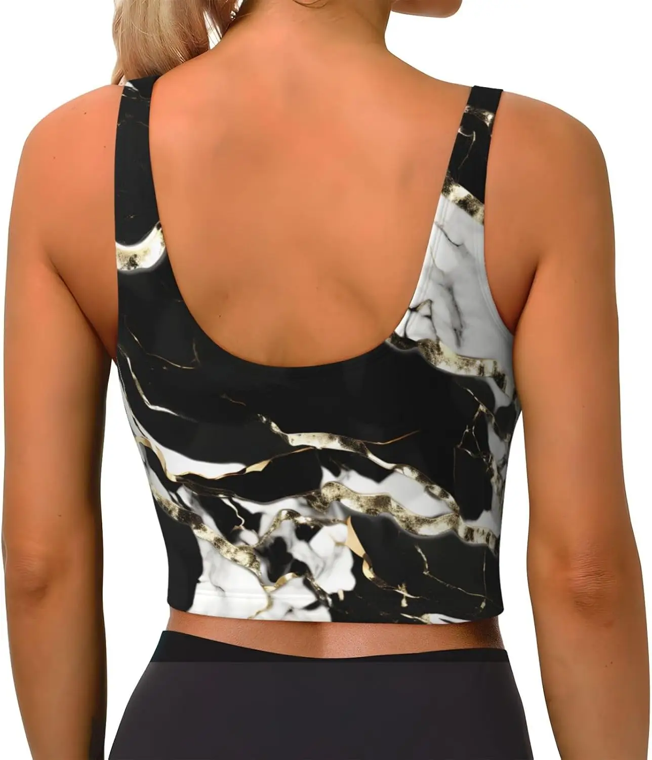 Black and White Marble Texture Print Women's Strappy Sports Bra Stretch Gym Bras U Neck Yoga Tops Comfort Seamless Bra