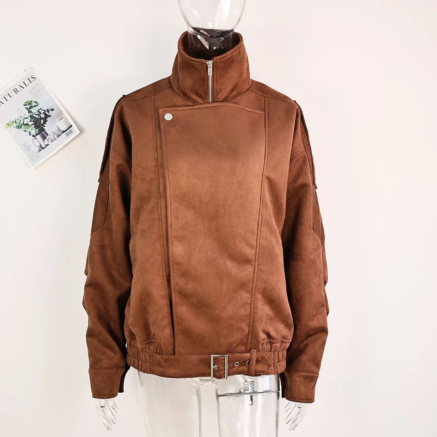 Vintage-Jacke aus massivem Kunstwildleder mit Reißverschluss für Damen, modisch, elastische Taille, Taschen, Reverskragen, locker geschnittener Mantel, Damen-Alltags-Street-Outfit. – Detail 24