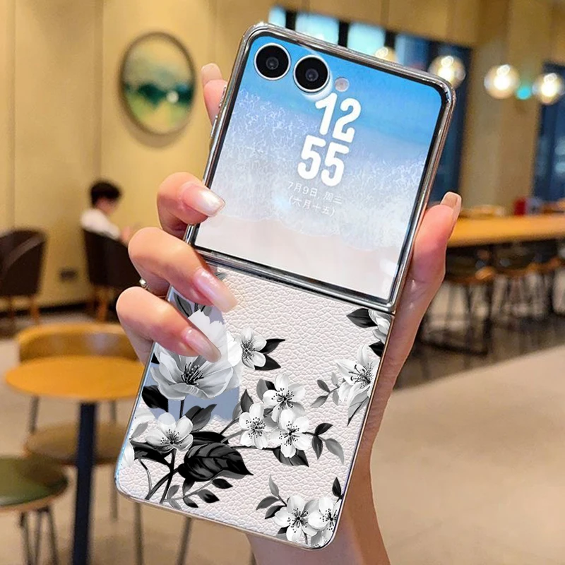 Bunte Blumenmuster-Leder-Handyhülle für Samsung Galaxy Z Flip7 FE Flip6 Flip 7 6 5 mit Silberbeschichtung Rahmen Harte Faltbare Abdeckung