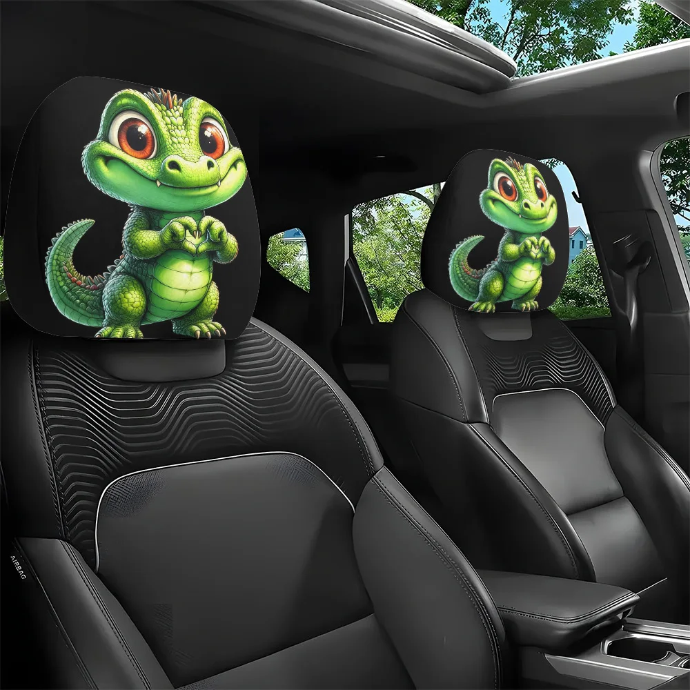 2pcs Cute Cartoon Little Crocodile Printed Car Headrest Covers, Interior Decoration, Universal Fit, Machine Washable, Easy Ins